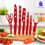 طقم سكاكين مطبخ 6 قطع باللون الأحمر بتصميم كيتي ومقابض مريحة
