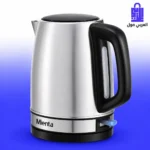 غلاية كهربائية ميانتا Mienta Inox من الاستانلس ستيل سعة 1.7 لتر بقدرة 1850-2200 واط على خلفية بيضاء وزرقاء مع مؤشر شفاف لمستوى المياه وقاعدة سوداء