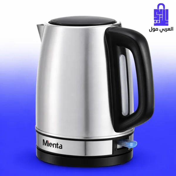 غلاية كهربائية ميانتا Mienta Inox من الاستانلس ستيل سعة 1.7 لتر بقدرة 1850-2200 واط على خلفية بيضاء وزرقاء مع مؤشر شفاف لمستوى المياه وقاعدة سوداء