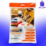 غلاف تغليف أكياس تخزين ملابس شفط مقاس 80×100 سم موضح عليه استخدام المكنسة لضغط الملابس بنسبة 75%