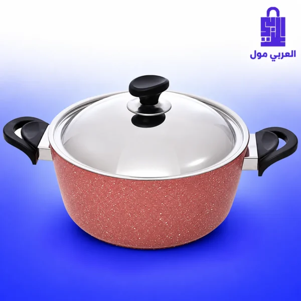 حلة جرانيت سافلون تركي مقاس 30 سم باللون الوردي المائل للاحمر ومزودة بأسهم توضح توزيع الحرارة المثالي أثناء الطهي