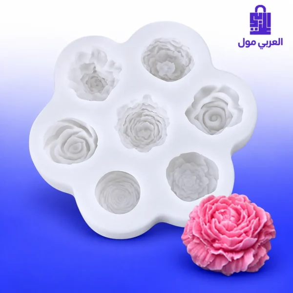 قالب سيليكون أبيض متعدد العين بتصاميم ورود مجسمة ومختلفة مع ورود مصنوعة ملونة