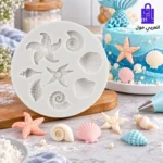 قالب سيليكون أشكال البحر مع لقطات مقربة (Zoom) توضح دقة تفاصيل وحبيبات نجم البحر وانحناءات قواقع البحر وعمق التجاويف